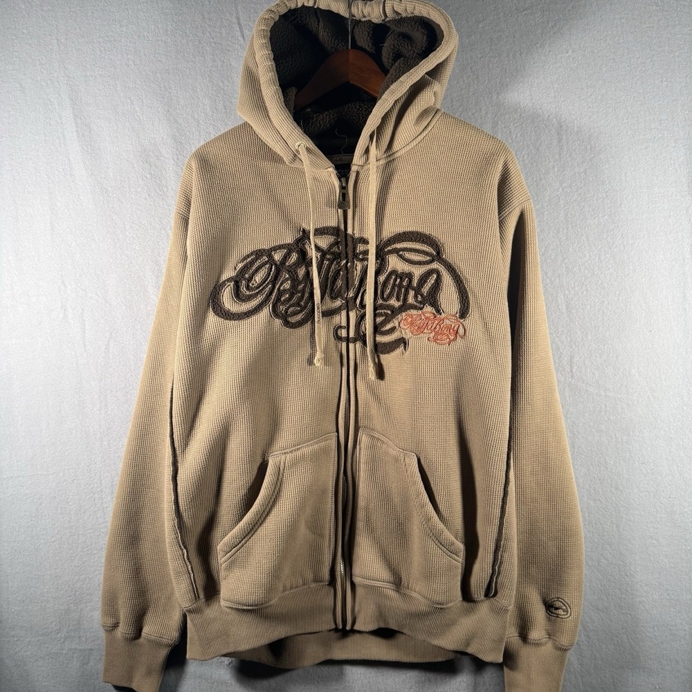 Vintage Y2K Billabong Waffle Thermal Full Zip Hoodie Sherpa Beige Grunge Surf XL